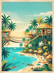 Obraz premium Tropical Beach Resort with Treehouse Villas and Hanging Bridges Vector Illustration