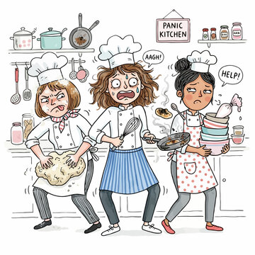 Stressed female chefs experiencing chaos in busy panic kitchen cartoon illustration.