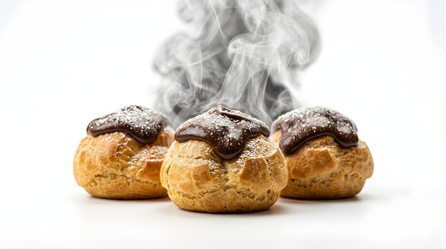 Three Cream Puffs With Chocolate Glaze And Powdered Sugar On A White Background With Smoke Emerging From The Top