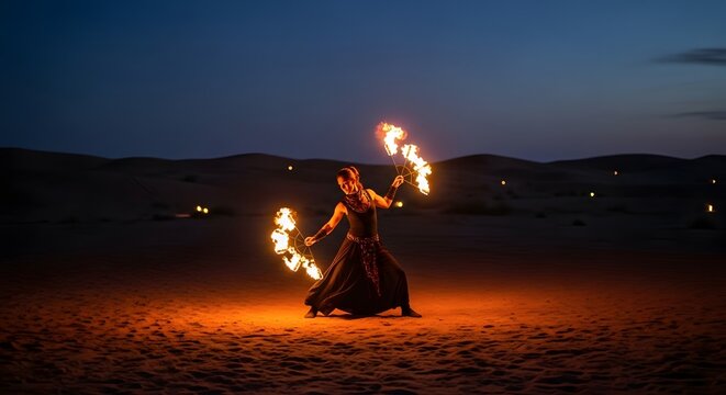 Fire Performer Twirling Flaming Torches in Desert at Twilight with Dramatic Glow