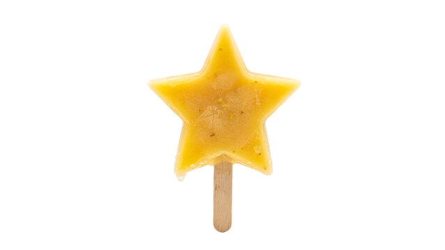 A vibrant yellow fruit popsicle shaped like a shining star featuring a wooden stick and melting ice textures isolated for summer refreshment concepts on transparent background