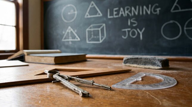 Compass, protractor and triangle ruler before geometry drawings on chalkboard illustrate logical back to school math exploration