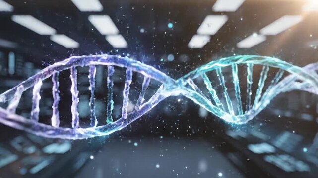 Rotating luminous dna double helix in a futuristic laboratory