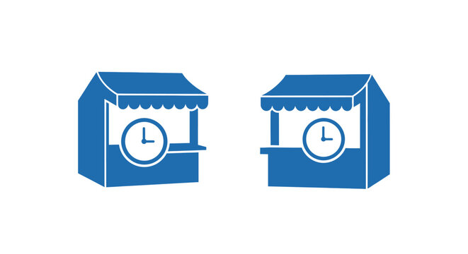 Two blue clock icons with shop awnings design.