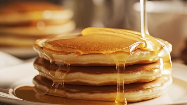 Golden honey drizzling over a stack of fresh fluffy pancakes