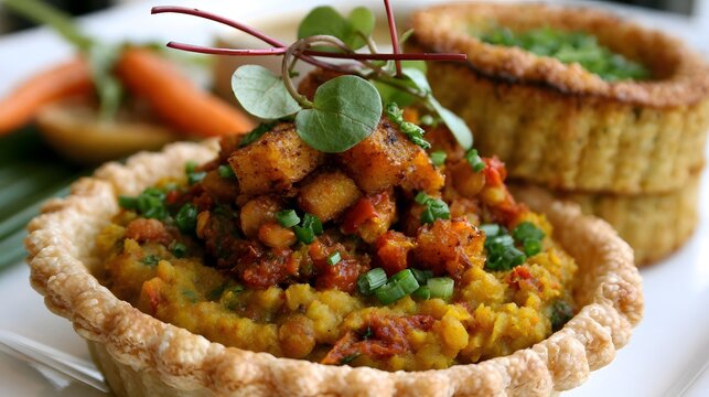 A savory lentil and vegetable tart topped with crispy fried cubes and fresh herbs  served on a white plate with blurred carrots in background