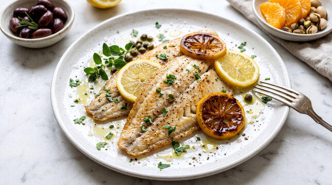 Mediterranean sole with lemon and capers gourmet seafood plating for restaurant or recipe use