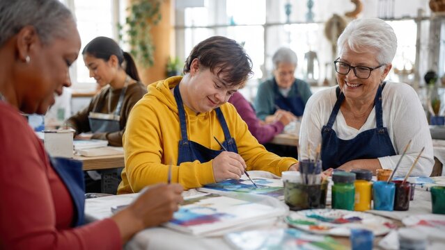 Intergenerational inclusive painting class with diverse adults happily creating watercolor art together
