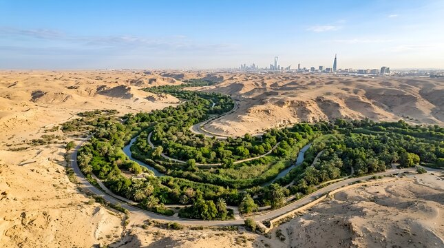 Scenic green valley of Wadi Hanifa cutting through desert landscape in Riyadh at morning