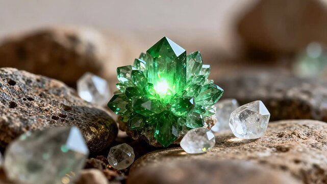 Green crystal cluster on rocks