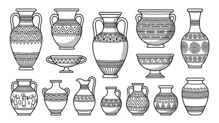 Ancient Greek Pottery Collection: Vases, Amphorae, Krater, Kylix - Black and White Line Art © Giesel