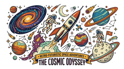 Retro Cosmic Odyssey: Astronauts, Rocket, Planets, Galaxy, Stars, Comets © Giesel
