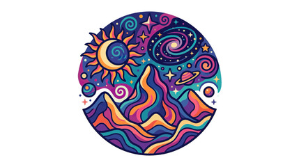 Cosmic Mountain Landscape with Sun, Moon, Stars, and Galaxy © Giesel