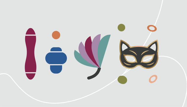 Elegant collection of carnival party accessories including a vibrator, feather fan, cat mask, and abstract decorative elements.