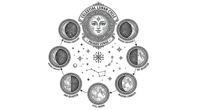 Celestial Lunar Cycle Phases Diagram - Full Moon to New Moon
