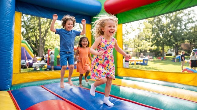 Joyful Children Having Fun and Jumping on a Colorful Inflatable Bounce House Outdoors