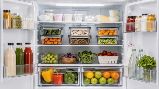 Open organized refrigerator filled with fresh fruits, vegetables, bottled drinks, dairy, jars and prepared ingredients for healthy eating