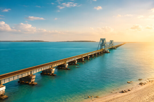 Pamban Bridge, Tamil Nadu, India, long railway bridge crossing vivid blue sea under bright golden daylight