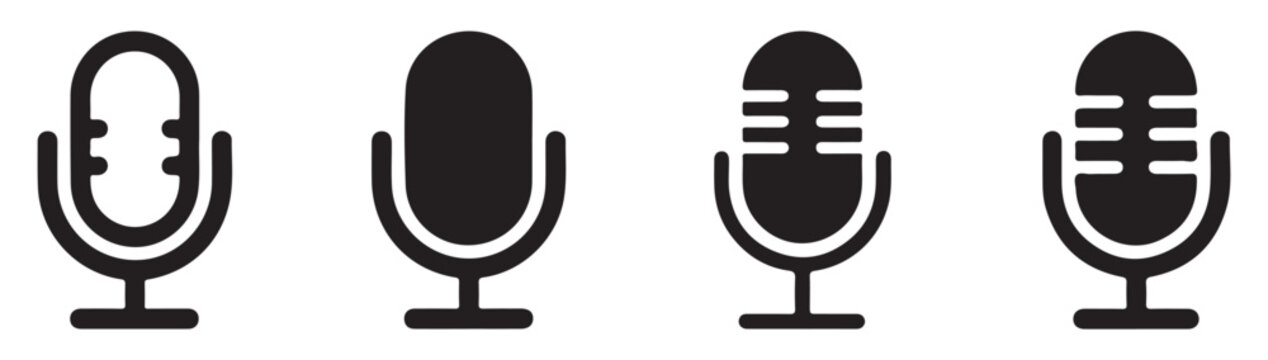 Collection of professional microphone icons for podcast broadcast studio sound recording and music performances.