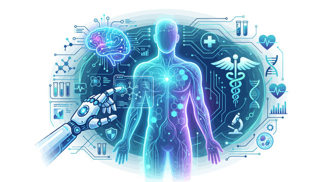 Abstract Futuristic Technology Background with 3D Rendered Human Brain X Ray Digital Energy Light Medical Science Concept Illustration