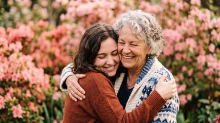 Fototapeta premium Joyful grandmother and granddaughter embracing outdoors amidst blooming pink flowers sharing a tender moment of love and connection
