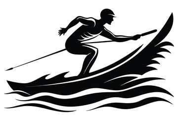 Fototapeta premium Silhouette of a rowing athlete competing on the water with boat and spear