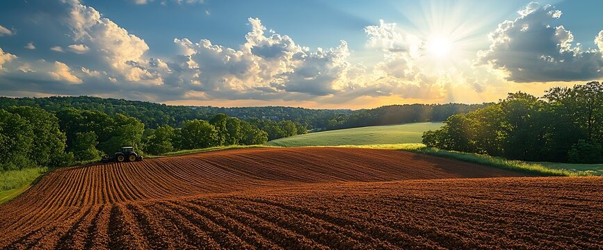Plowed Field at Sunset, Tractor Working, Rolling Hills