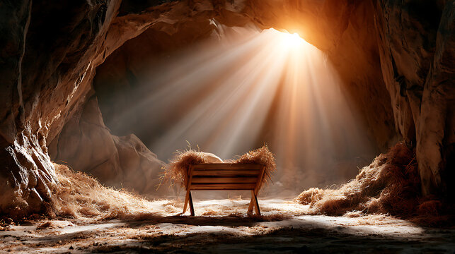 Nativity scene. Christian Christmas concept. Birth of Jesus Christ. Wooden manger in cave background. Banner, copy space. Jesus is reason for season. Salvation, Messiah, Emmanuel, God with us. Gloria.