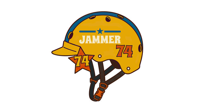 Yellow vintage style roller derby helmet with jammer text and stars