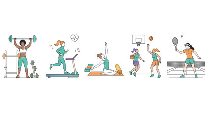 Fototapeta premium Five active cartoon women demonstrating various fitness exercises and sports including weightlifting, running, yoga, and tennis.