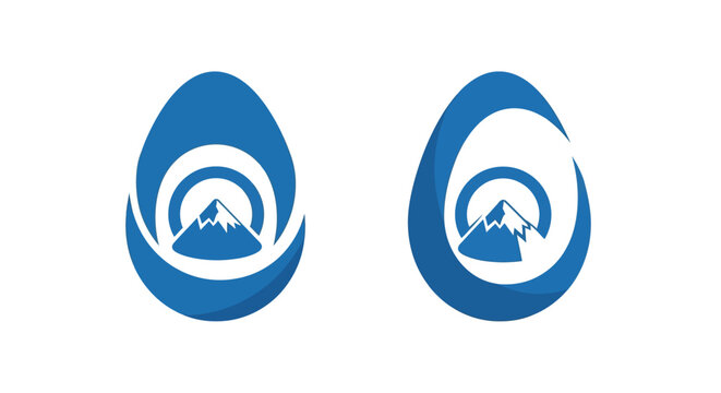 Abstract blue egg shape with mountain and wave design.