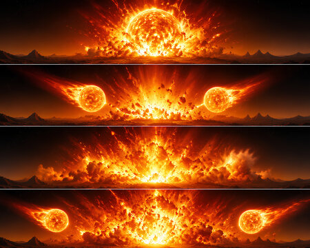Cosmic apocalypse sequence showing exploding suns and stellar destruction over an alien landscape, dramatic chain reaction of solar explosions in deep space