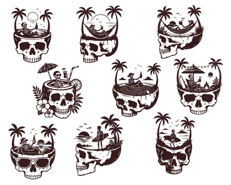 Tropical Skull Island Skeleton Vacation Vector Set for T Shirt Design