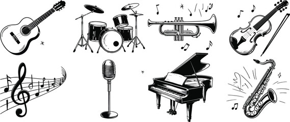 Music Performance Sketch Icon Set Featuring Guitar, Piano, Microphone, Drum Kit, Violin, Trumpet, Saxophone, and Music Notes © Komola