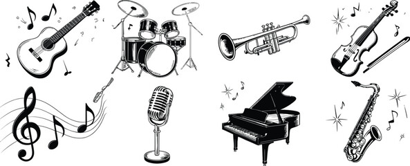 Music Performance Sketch Icon Set Featuring Guitar, Piano, Microphone, Drum Kit, Violin, Trumpet, Saxophone, and Music Notes © Komola