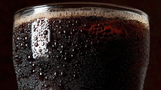 effervescence. Close-up of dark soda with dense bubbles and condensation on glass. bar promotions, beverage menus, designed for product packaging and bar promotions.