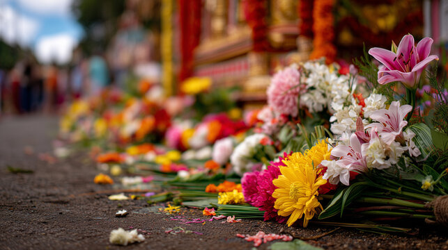 Close-up of floral offerings at Jagannath&rsquo;s chariot with side space for content.
