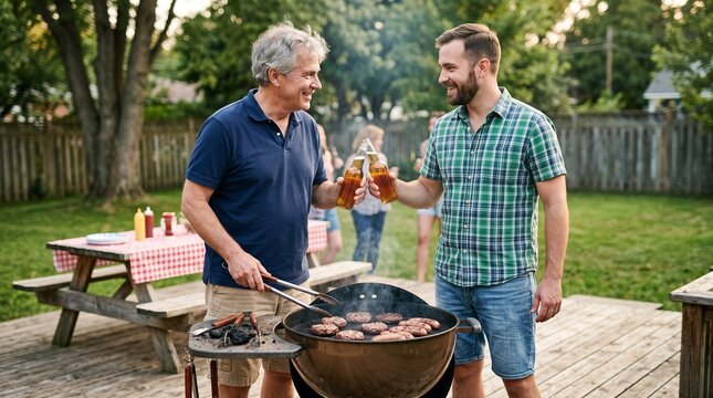 Father and son enjoying a backyard barbecue together, toasting with beer while grilling burgers and sausages on a sunny day