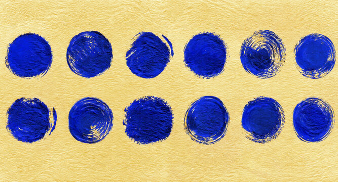 Royal Blue Painted Counters on Gold, Textured Blue 2x6 Math Array, Hand-Painted Circle Grid on Tan, Deep Blue Circular Dabs Educational Graphic, Royal Blue and Warm Gold Counters, 12 Blue Dabs Pics