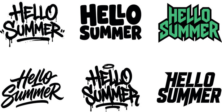 Hello Summer Graffiti Hand Lettering Typography Set Featuring Black and White Calligraphy Brush Script and Drip Effects for Seasonal Branding Graphic Vector Designs