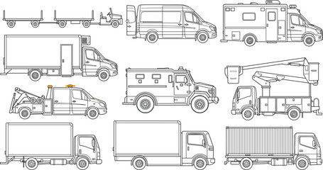 Obraz premium Set of commercial utility vehicle line art illustrations including trucks van ambulance armored car and tow truck
