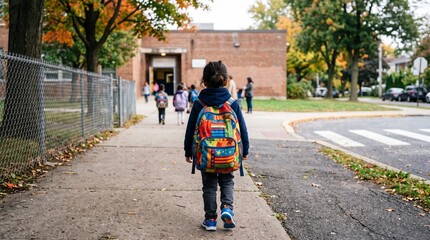 Obraz premium Young child with colorful backpack walks towards school entrance in autumn