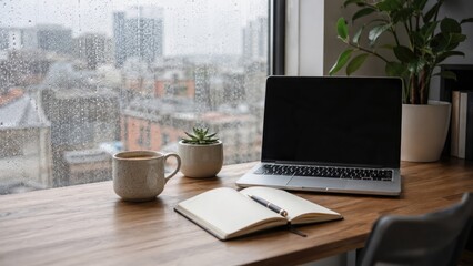 Obraz premium Cozy home workspace with laptop, open notebook, pen, coffee mug and succulent on a wooden desk by a rainy city window