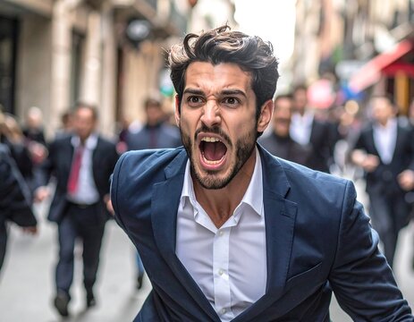 Man yells in a street, surrounded by running people