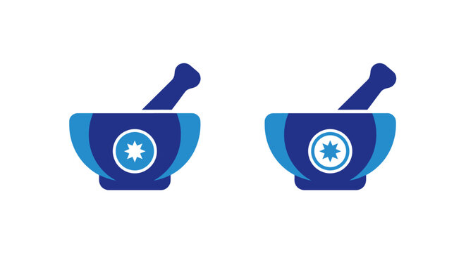 Two blue mortar and pestle icons with snowflake design.