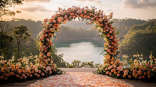 Floral arch wedding ceremony, lake view, sunrise