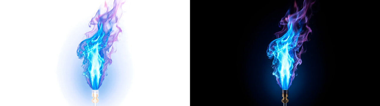 Blue gas torch flame burning from a metal nozzle with purple smoky edges perfect for industrial designs available in PNG, Transparent and Black Background Versions for creative use