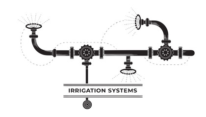 Very beautiful black and white realistic vector illustration of irrigation systems featuring sprinkler pipes and water lines with a bold label reading "IRRIGATION SYSTEMS", detailed engraved linework, © ehsanollah