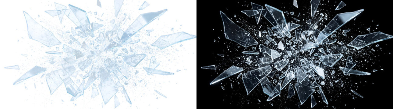 Blue ice crystal explosion scattering jagged frozen shards and frosty dust through darkness for winter and frost visuals in PNG, Transparent and Black Background Versions for creative design use