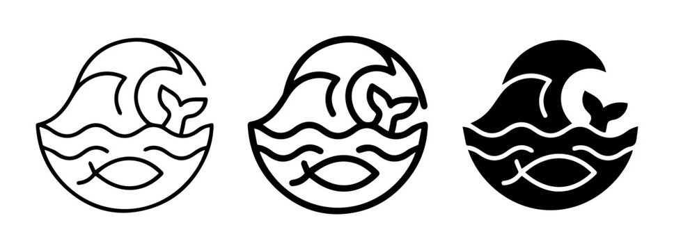 Marine Life Icons, Ocean Wave and Fish Symbols, Set of 3 Minimalist Aquatic Graphics